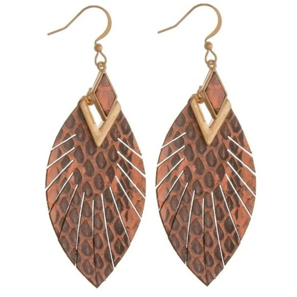 Boutique NWT Genuine leather animal print feather earrings